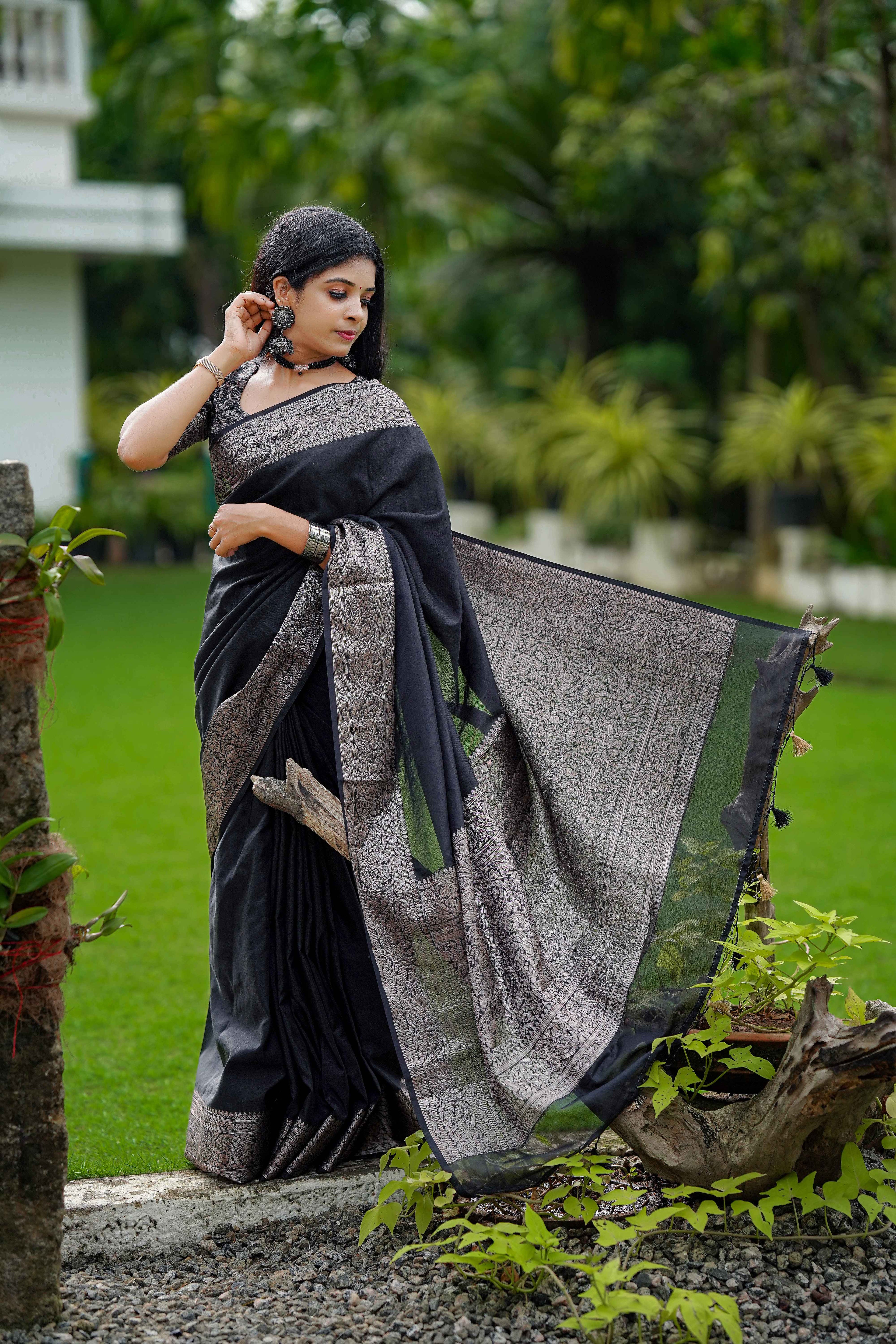 Black Classic Banarasi Woven Soft Saree with Antique Zari Borders