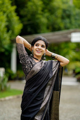 Black Classic Banarasi Woven Soft Saree with Antique Zari Borders