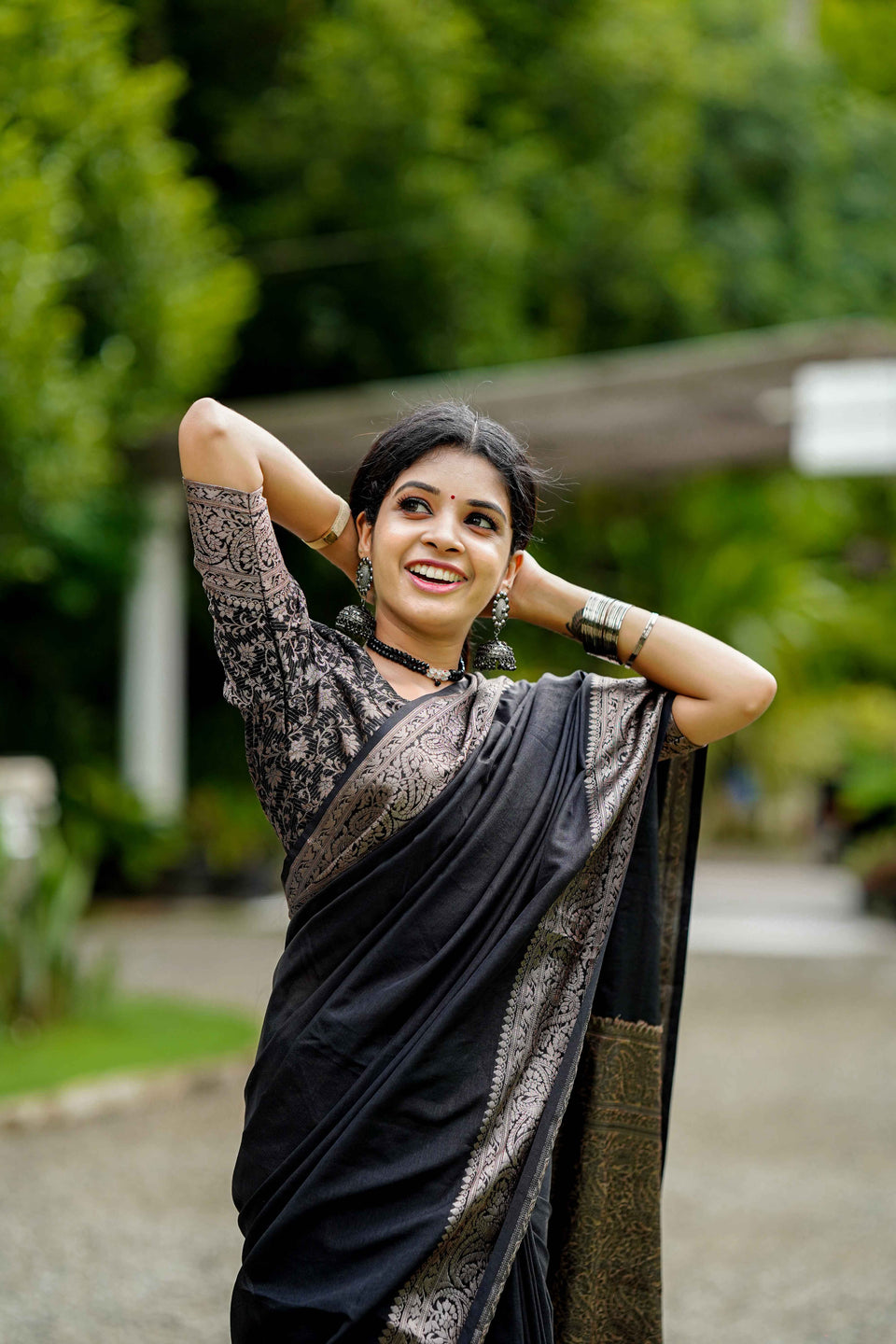 Black Classic Banarasi Woven Soft Saree with Antique Zari Borders