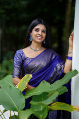 Royal Blue Classic Banarasi Woven Soft Saree with Antique Zari Borders