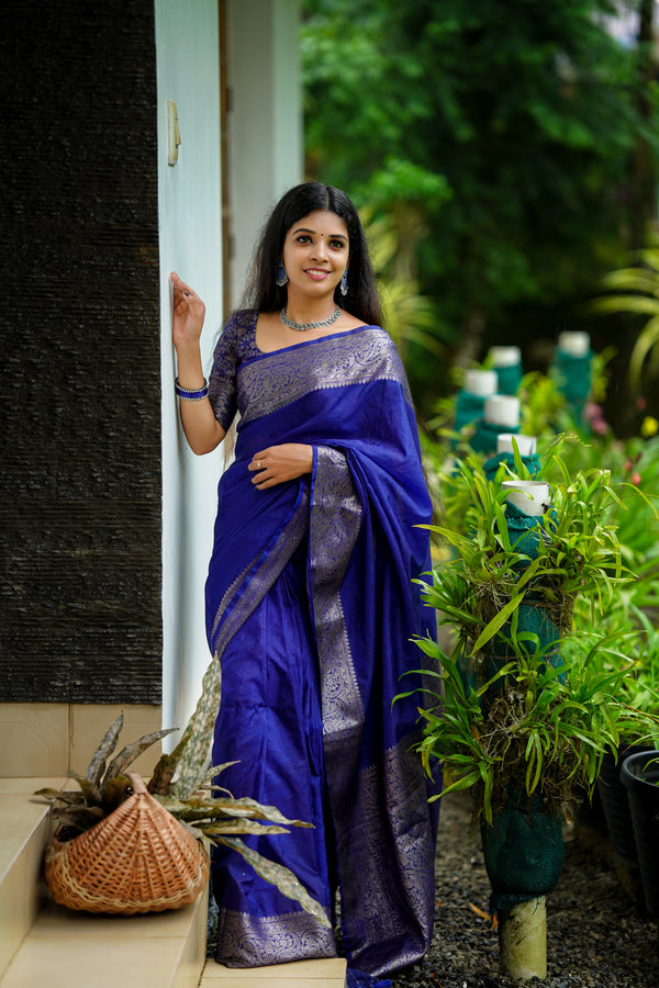 Royal Blue Classic Banarasi Woven Soft Saree with Antique Zari Borders