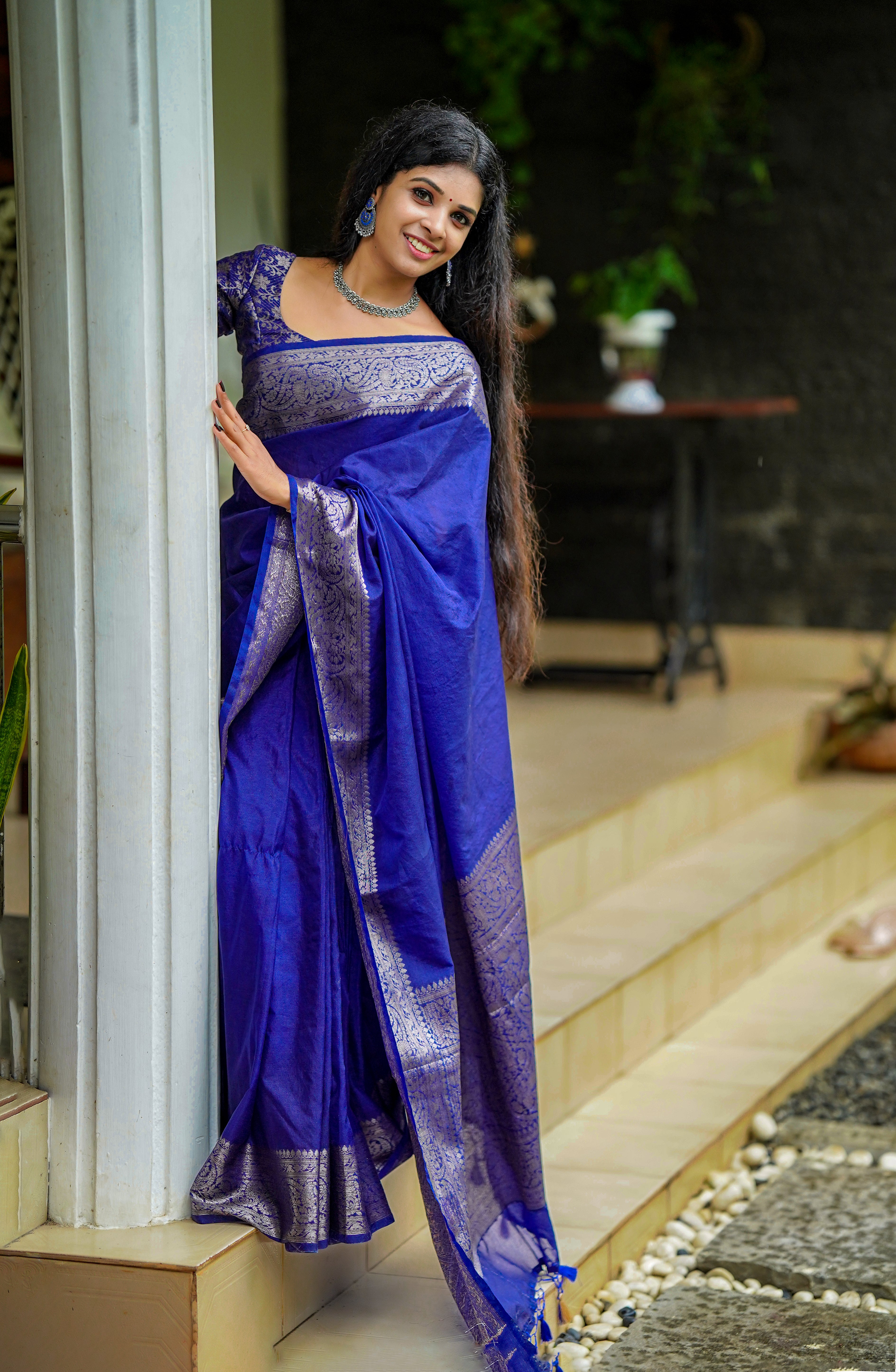 Royal Blue Classic Banarasi Woven Soft Saree with Antique Zari Borders