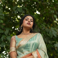 Dual Shade Sea Green Orange Maharani Tissue Silk Saree