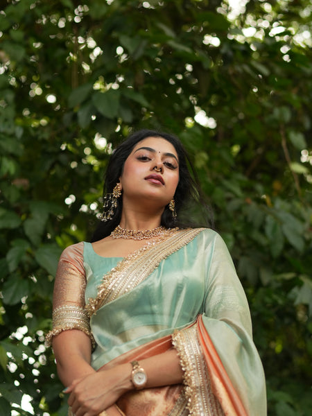 Dual Shade Sea Green Orange Maharani Tissue Silk Saree