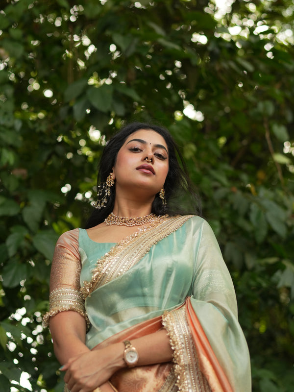 Dual Shade Sea Green Orange Maharani Tissue Silk Saree