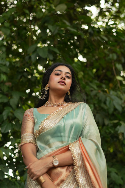Dual Shade Sea Green Orange Maharani Tissue Silk Saree