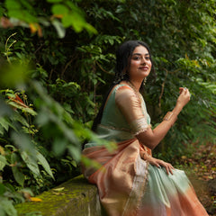 Dual Shade Sea Green Orange Maharani Tissue Silk Saree