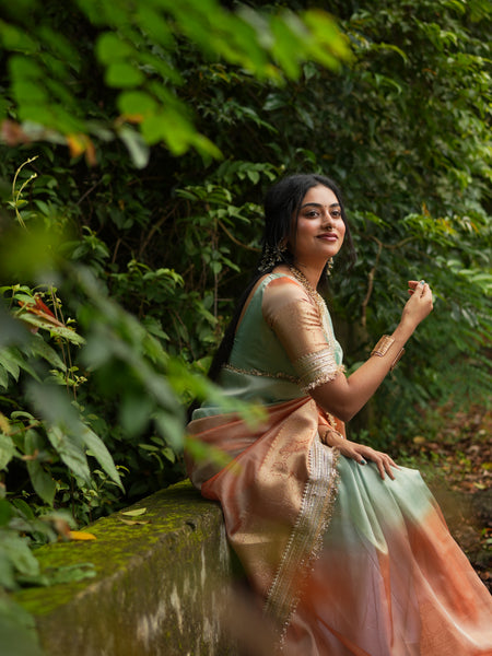 Dual Shade Sea Green Orange Maharani Tissue Silk Saree