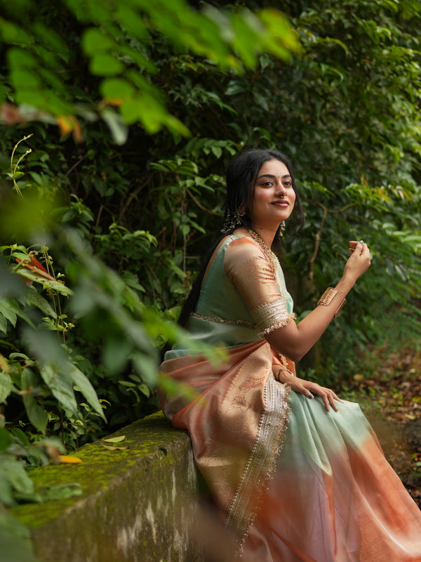 Dual Shade Sea Green Orange Maharani Tissue Silk Saree