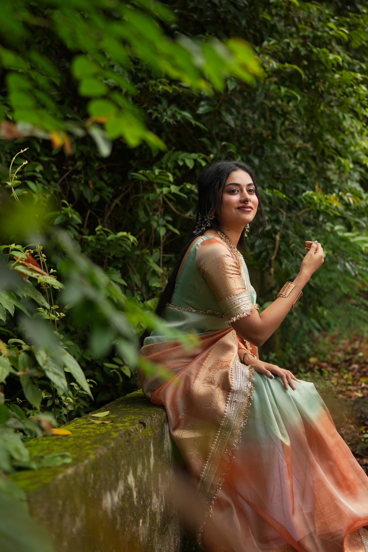 Dual Shade Sea Green Orange Maharani Tissue Silk Saree