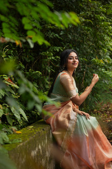 Dual Shade Sea Green Orange Maharani Tissue Silk Saree
