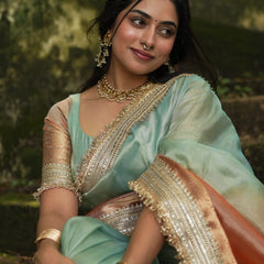 Dual Shade Sea Green Orange Maharani Tissue Silk Saree