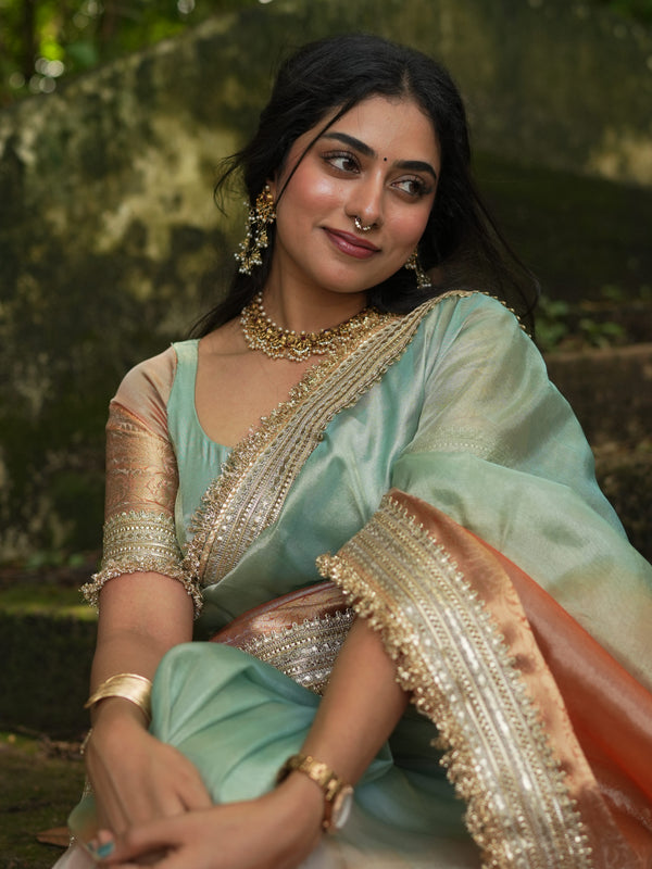 Dual Shade Sea Green Orange Maharani Tissue Silk Saree