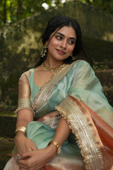 Dual Shade Sea Green Orange Maharani Tissue Silk Saree
