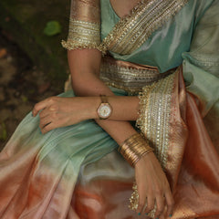 Dual Shade Sea Green Orange Maharani Tissue Silk Saree