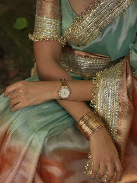 Dual Shade Sea Green Orange Maharani Tissue Silk Saree