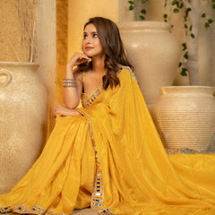 Buttery Yellow Designer Mirror Work Pure Tissue Silk Saree | Special Edition