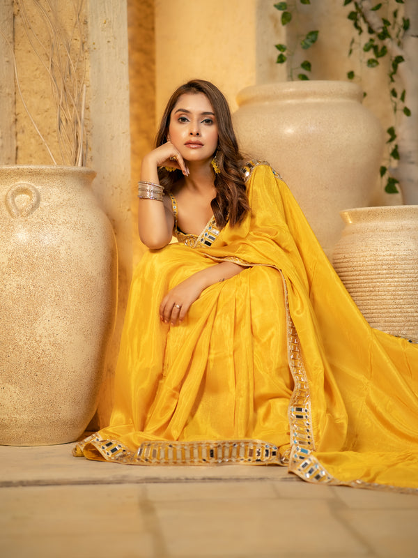 Buttery Yellow Designer Mirror Work Pure Tissue Silk Saree | Special Edition