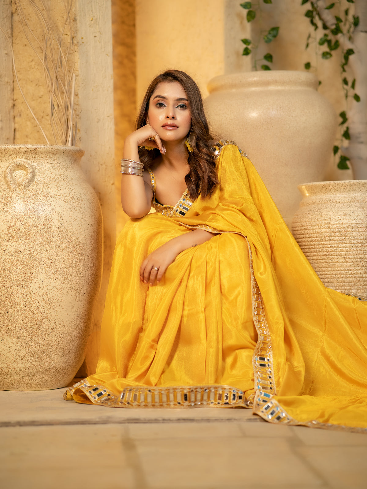 Buttery Yellow Designer Mirror Work Pure Tissue Silk Saree | Special Edition
