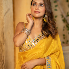 Buttery Yellow Designer Mirror Work Pure Tissue Silk Saree | Special Edition