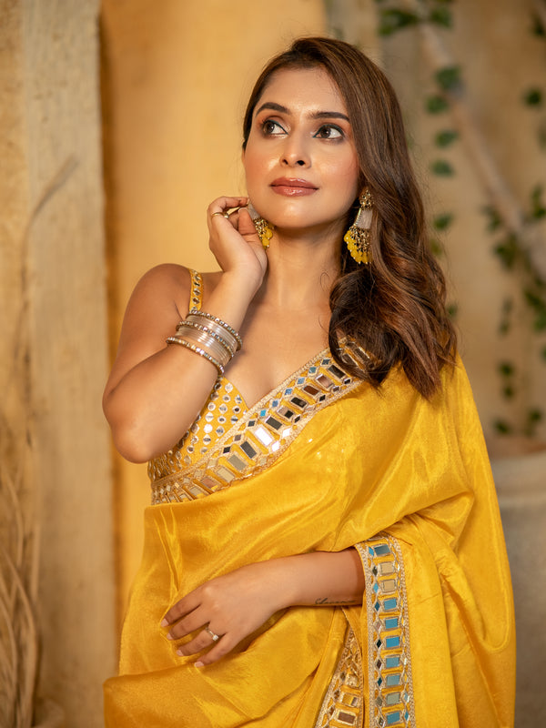 Buttery Yellow Designer Mirror Work Pure Tissue Silk Saree | Special Edition