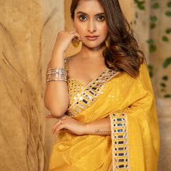 Buttery Yellow Designer Mirror Work Pure Tissue Silk Saree | Special Edition
