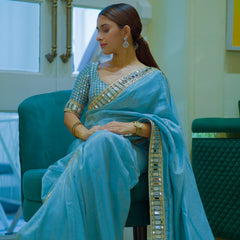 Pacific Blue Designer Mirror Work Pure Tissue Silk Saree | Special Edition
