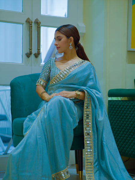 Pacific Blue Designer Mirror Work Pure Tissue Silk Saree | Special Edition