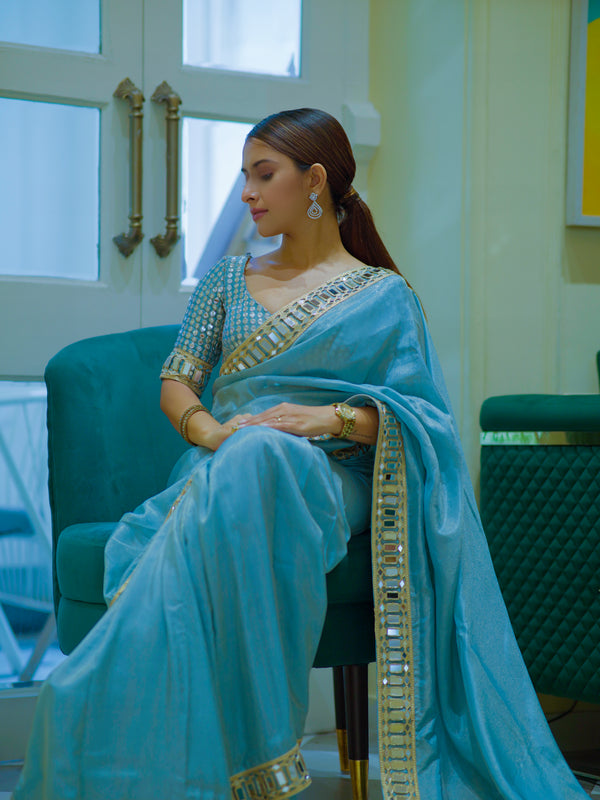 Pacific Blue Designer Mirror Work Pure Tissue Silk Saree | Special Edition