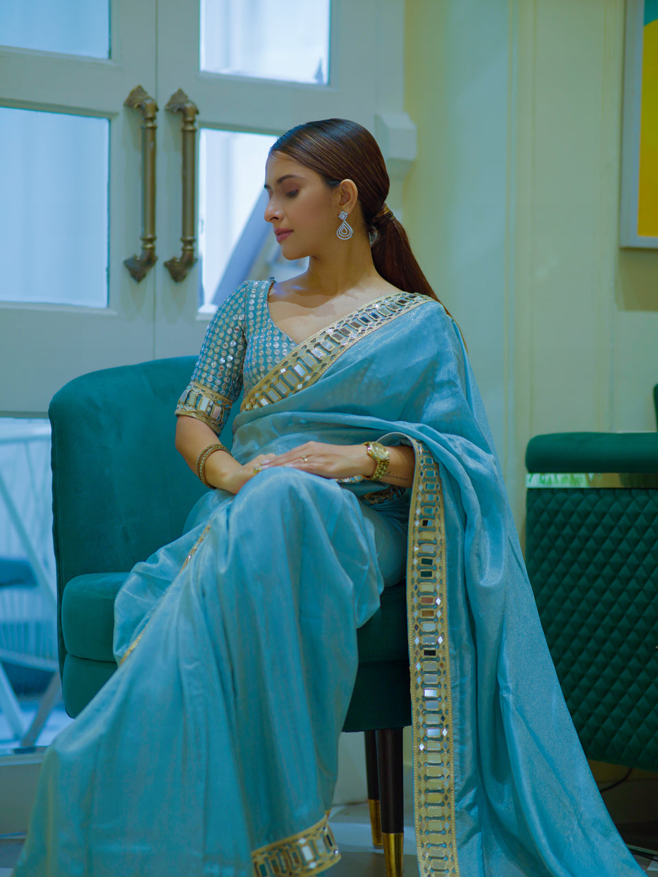Pacific Blue Designer Mirror Work Pure Tissue Silk Saree | Special Edition