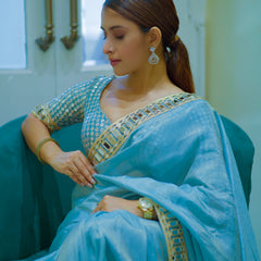 Pacific Blue Designer Mirror Work Pure Tissue Silk Saree | Special Edition