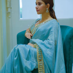 Pacific Blue Designer Mirror Work Pure Tissue Silk Saree | Special Edition