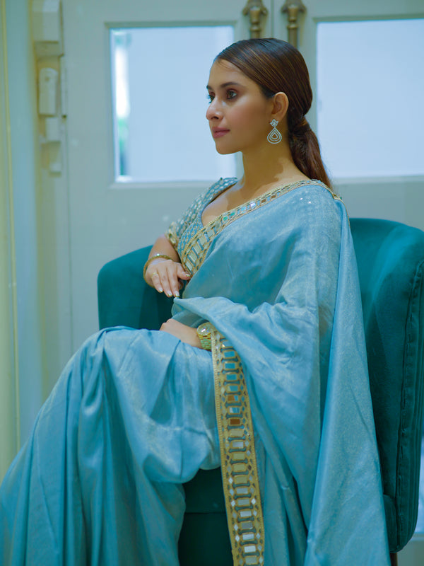 Pacific Blue Designer Mirror Work Pure Tissue Silk Saree | Special Edition
