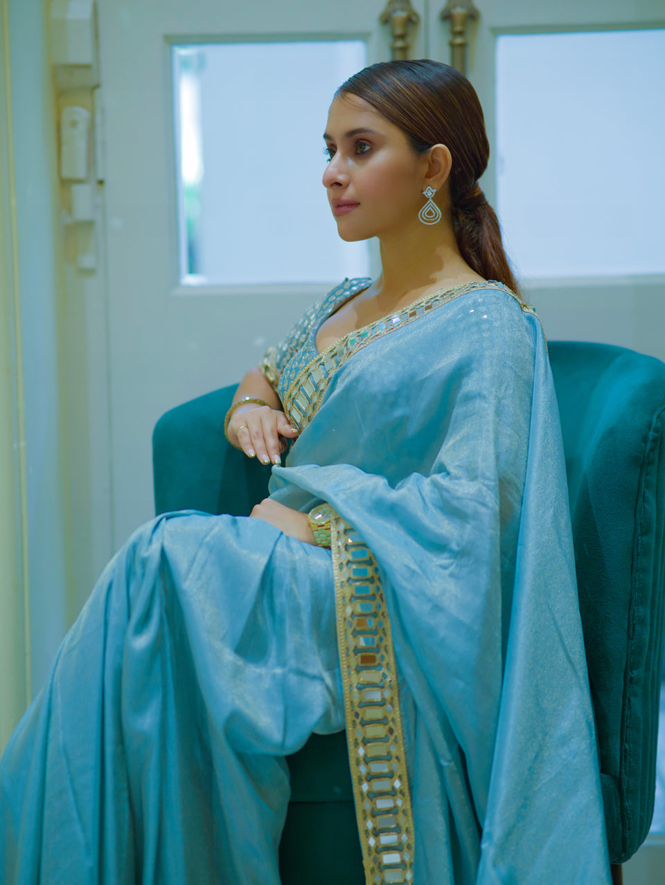 Pacific Blue Designer Mirror Work Pure Tissue Silk Saree | Special Edition