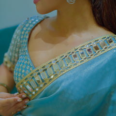 Pacific Blue Designer Mirror Work Pure Tissue Silk Saree | Special Edition