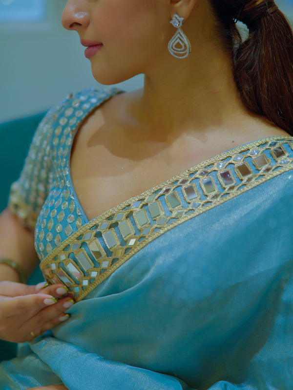 Pacific Blue Designer Mirror Work Pure Tissue Silk Saree | Special Edition