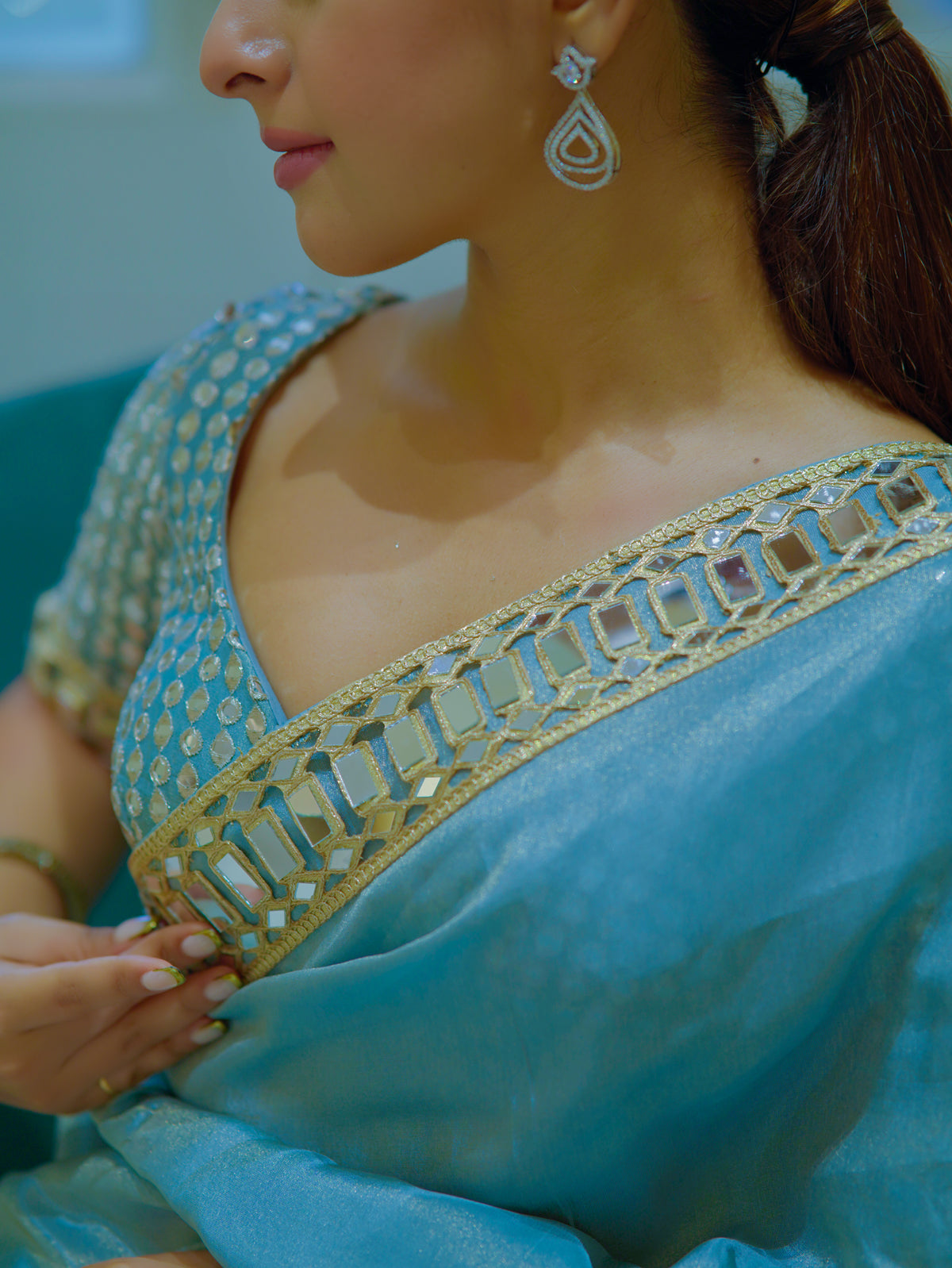 Pacific Blue Designer Mirror Work Pure Tissue Silk Saree | Special Edition