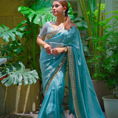 Pacific Blue Designer Mirror Work Pure Tissue Silk Saree | Special Edition