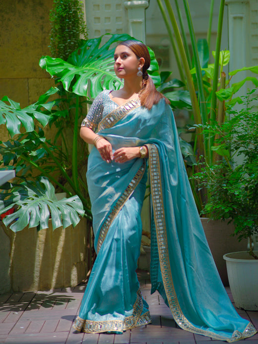 Pacific Blue Designer Mirror Work Pure Tissue Silk Saree | Special Edition