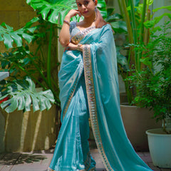Pacific Blue Designer Mirror Work Pure Tissue Silk Saree | Special Edition