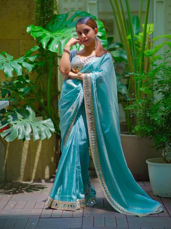 Pacific Blue Designer Mirror Work Pure Tissue Silk Saree | Special Edition