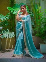 Pacific Blue Designer Mirror Work Pure Tissue Silk Saree | Special Edition