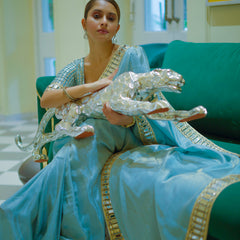 Pacific Blue Designer Mirror Work Pure Tissue Silk Saree | Special Edition