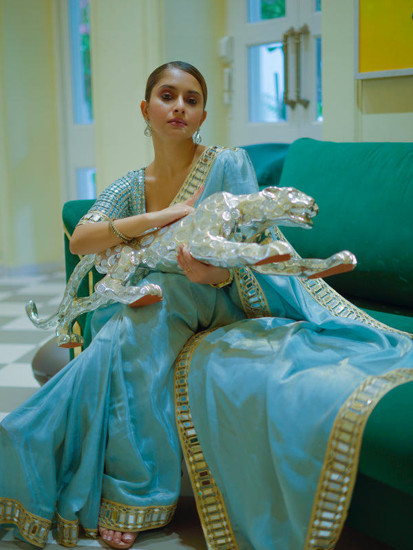 Pacific Blue Designer Mirror Work Pure Tissue Silk Saree | Special Edition