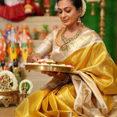 Exclusive Banarasi Glass Tissue Gold Zari Silk Saree with Contrast Border & Pallu