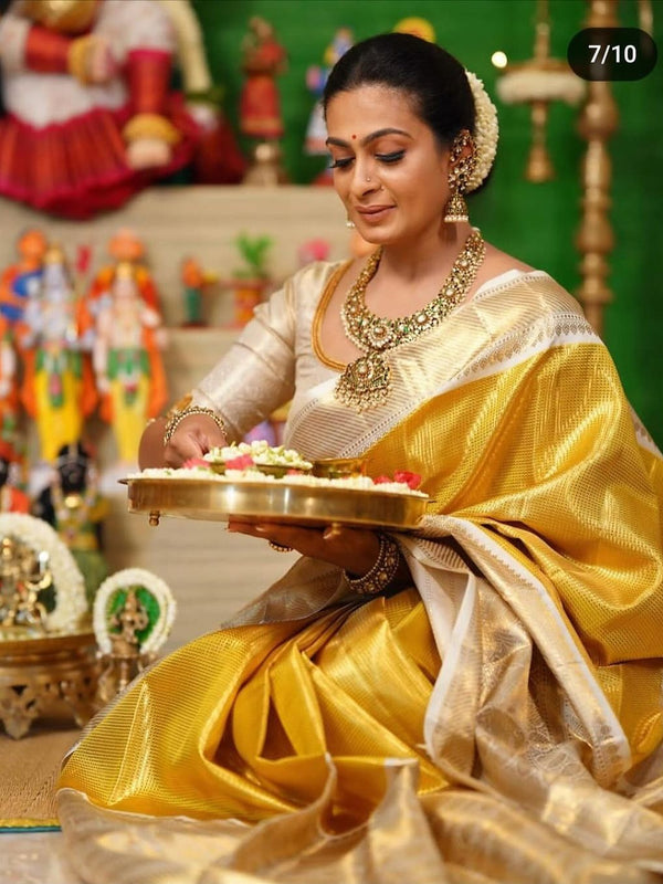 Exclusive Banarasi Glass Tissue Gold Zari Silk Saree with Contrast Border & Pallu