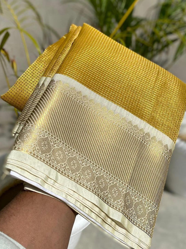 Exclusive Banarasi Glass Tissue Gold Zari Silk Saree with Contrast Border & Pallu