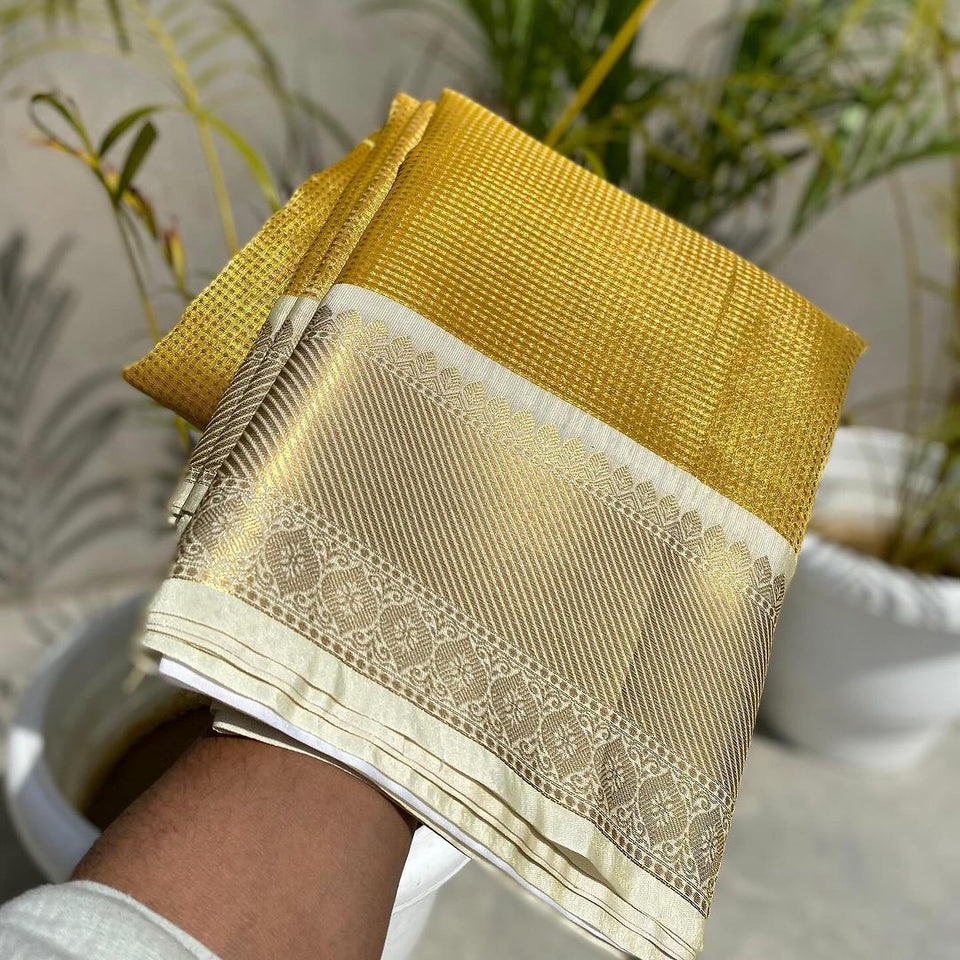 Exclusive Banarasi Glass Tissue Gold Zari Silk Saree with Contrast Border & Pallu