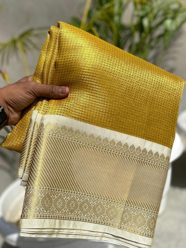 Exclusive Banarasi Glass Tissue Gold Zari Silk Saree with Contrast Border & Pallu