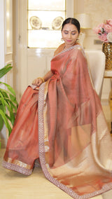 Celebrity-Inspired Wine Red Stripe Tissue Silk Saree with Stone Zardozi Work